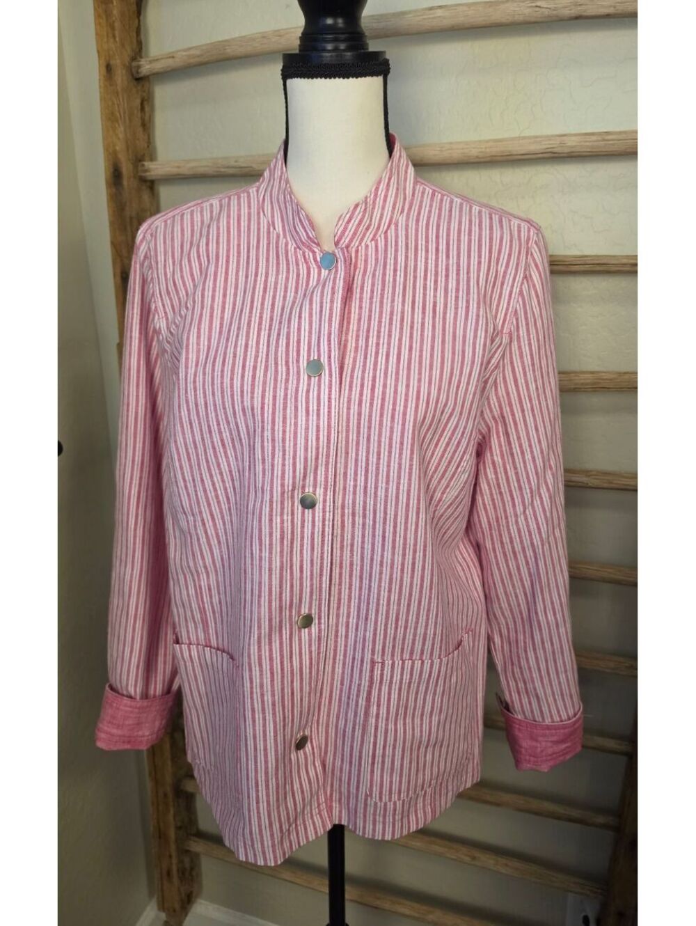 Chico's Pink and White Striped Reversible Button-Up Jacket Size 2